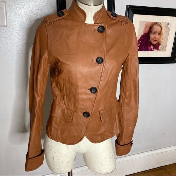 Gap Brown Leather Asymmetrical Button Up Moto Jacket Sz Small - Picture 3 of 8